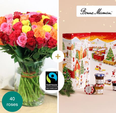 Brassée de roses et son Calendrier de l'Avent Bonne Maman