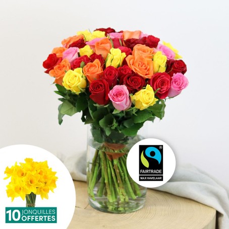 Brassée de roses multicolores et ses 10 Jonquilles offertes