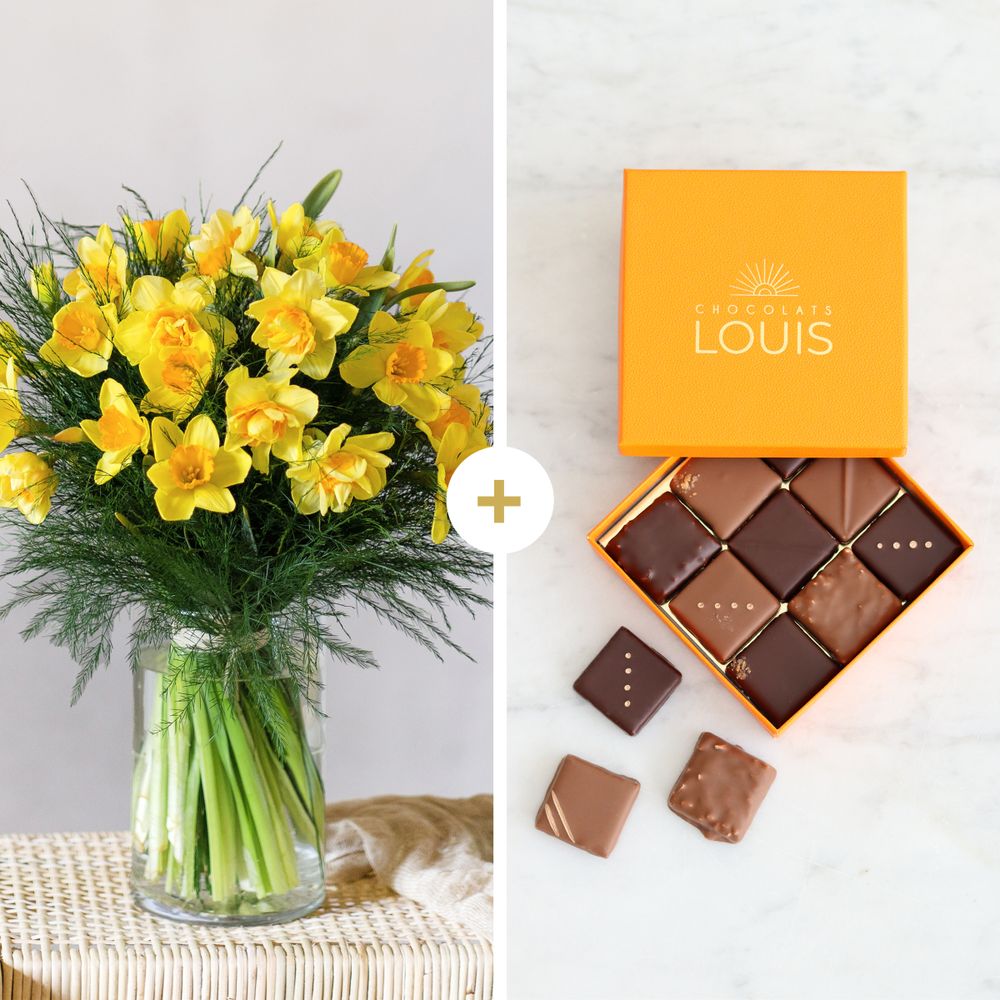 Brassée de jonquilles et son écrin de chocolats LOUIS | Interflora |  Livraison de fleurs