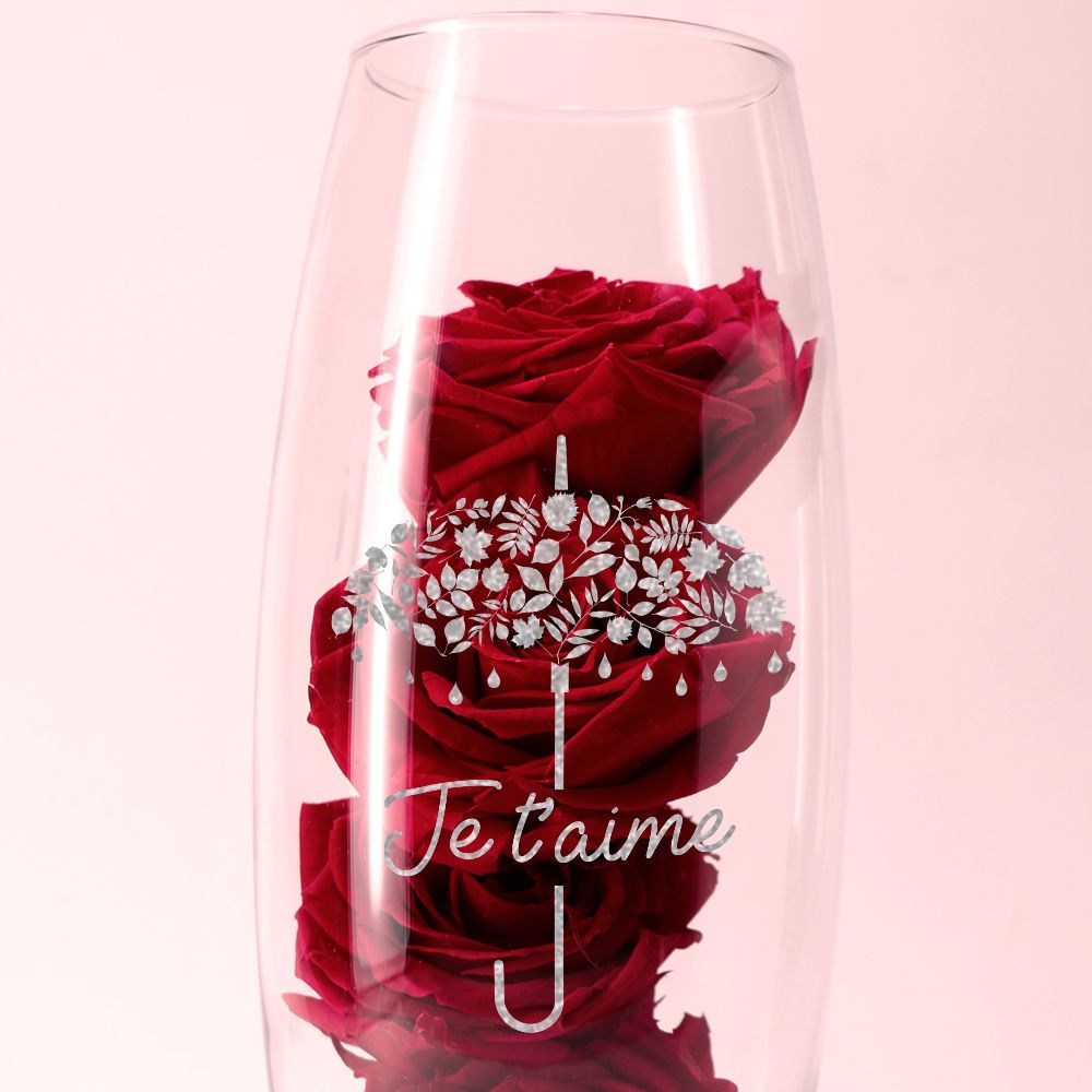 Roses rouges éternelles et leur vase gravé personnalisable
