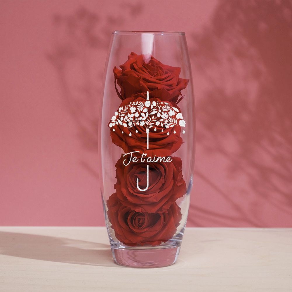 Roses rouges éternelles et leur vase gravé personnalisable