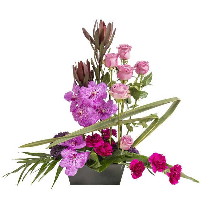 Assemblage grahique rose avec roses et orchidées