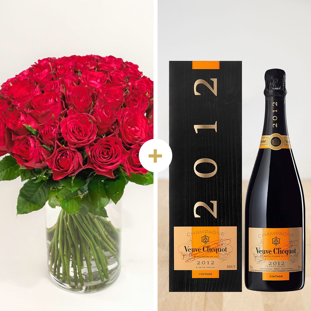 Brassée de roses rouges et son champagne Veuve Clicquot Vint