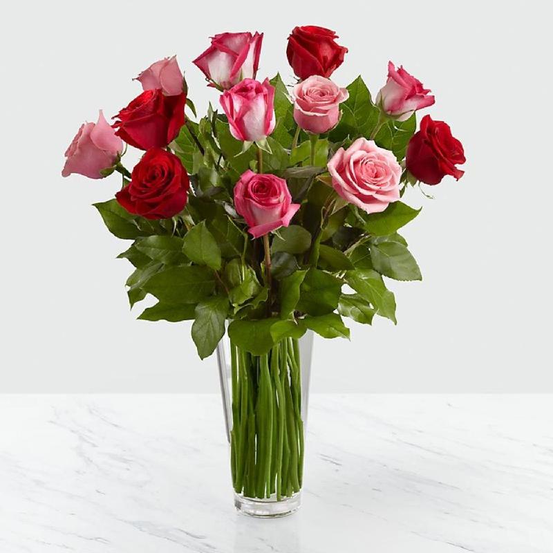 12 Red and Pink Roses in Vase