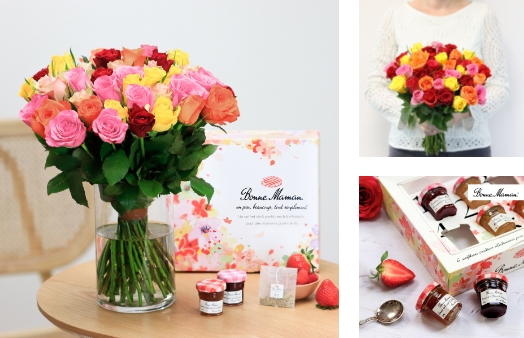 Coffret Bonne Maman et Brassée de roses multicolores